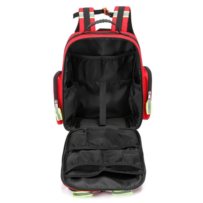First aid backpack with safety reflective strips for enhanced visibility at night