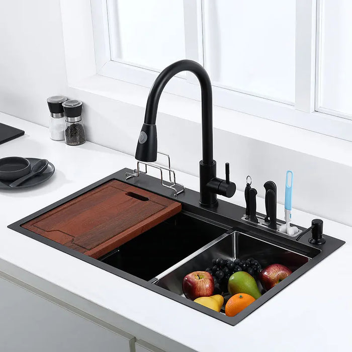 Multifunctional Stainless Steel Kitchen Sink with Faucet & Rack silver 75x45cm C