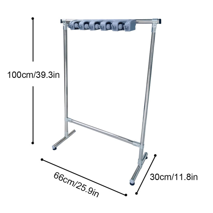 Standing Mop Organizer Rack, Stainless Steel with Hooks