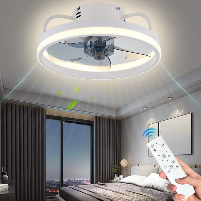 White modern LED ceiling fan with two-way blade, timer, remote & tri-color light