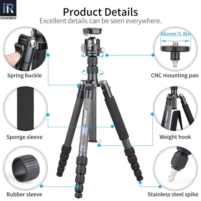 10-Layer Carbon Fiber Tripod, 161cm, 12kg Load, 2-in-1