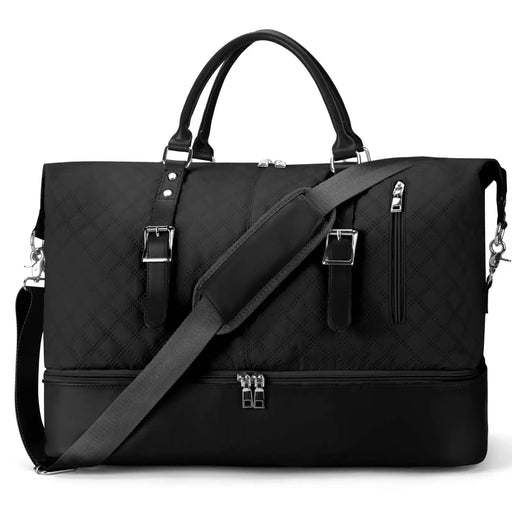 Large black travel weekender bag with shoulder straps and multiple compartments for women's hospital and carry-on use