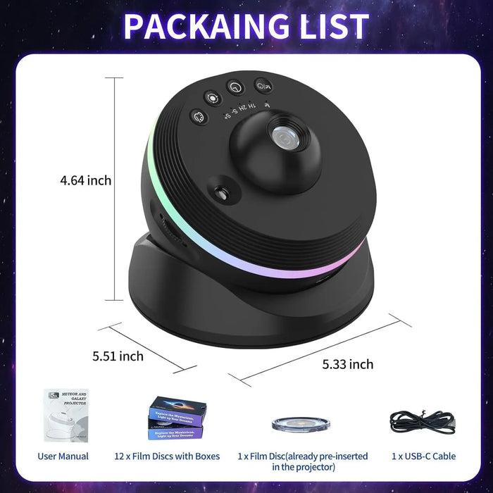 Compact and lightweight 13-in-1 HD galaxy star projector with USB cable and 13 HD galaxy film discs