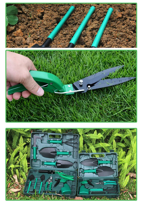 10 essential gardening tools including shovels, rake, shears, and watering bottle