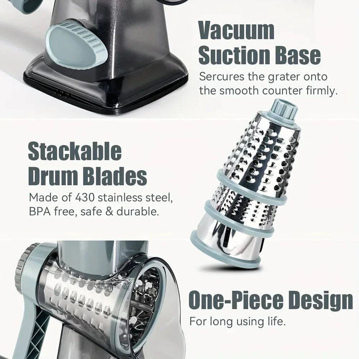 Rotary manual cheese grater with 3 interchangeable blades for easy shredding and slicing