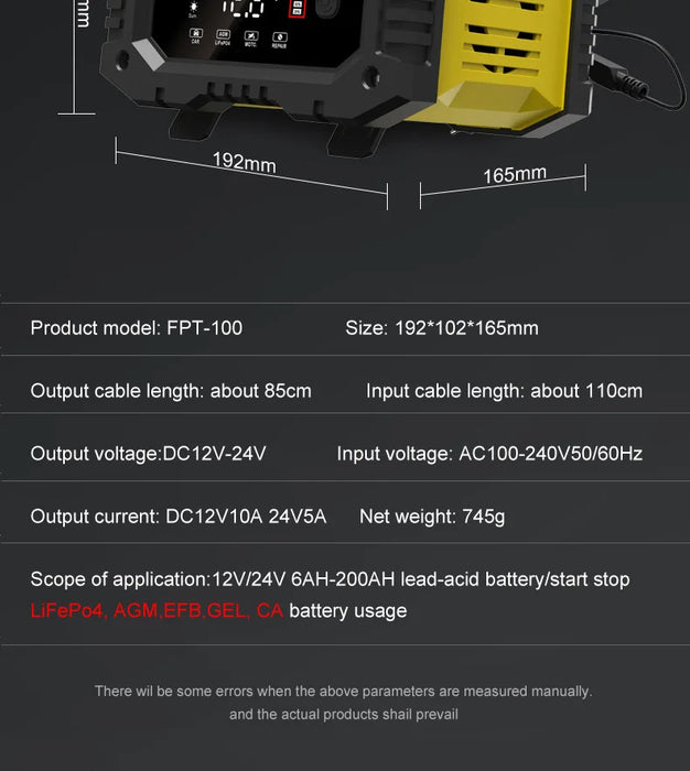 Yellow smart battery charger for car, motorcycle, lithium, AGM, GEL, lead-acid, LiFePO4 with 10A and 5A options