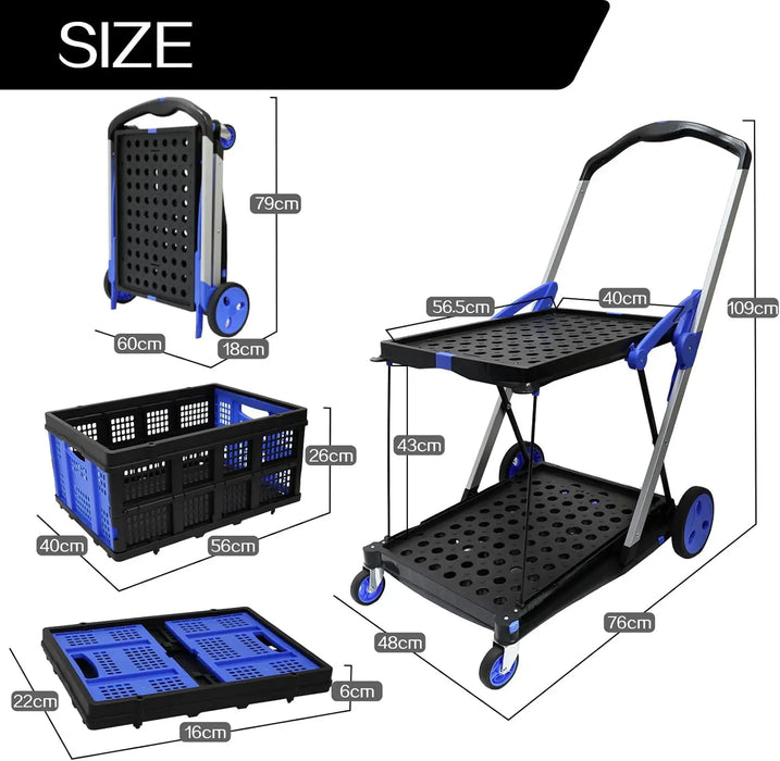 Portable 2-Layer Foldable Shopping Trolley with Removable Baskets and 360° Swivel Casters