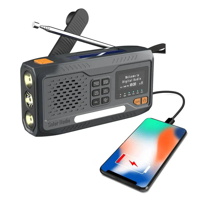 Portable Solar Powered DAB/FM Radio with Hand Crank, USB Charging, Bluetooth Speaker, LED Flashlight, SOS, and Power Bank - FLUXA