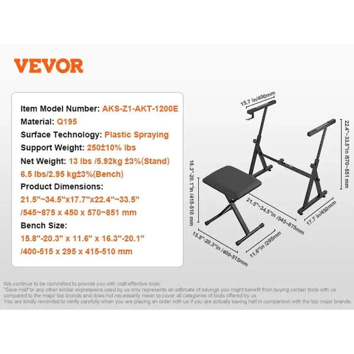 Adjustable Z-Style Piano Keyboard Stand - Fits 54-88 Key Electric Pianos (With Bench Set) - Sturdy and versatile stand for electric pianos with adjustable height