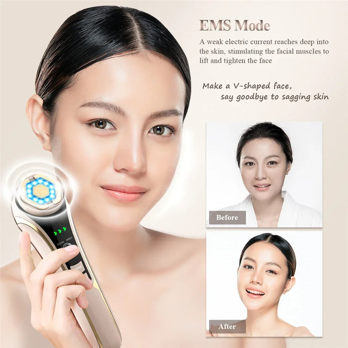 HIFU Face Skin Care | EMS Facial Lifting Massager & LED Photon Wrinkle Remover | Hot Compress 1200Hz Vibration, Gold