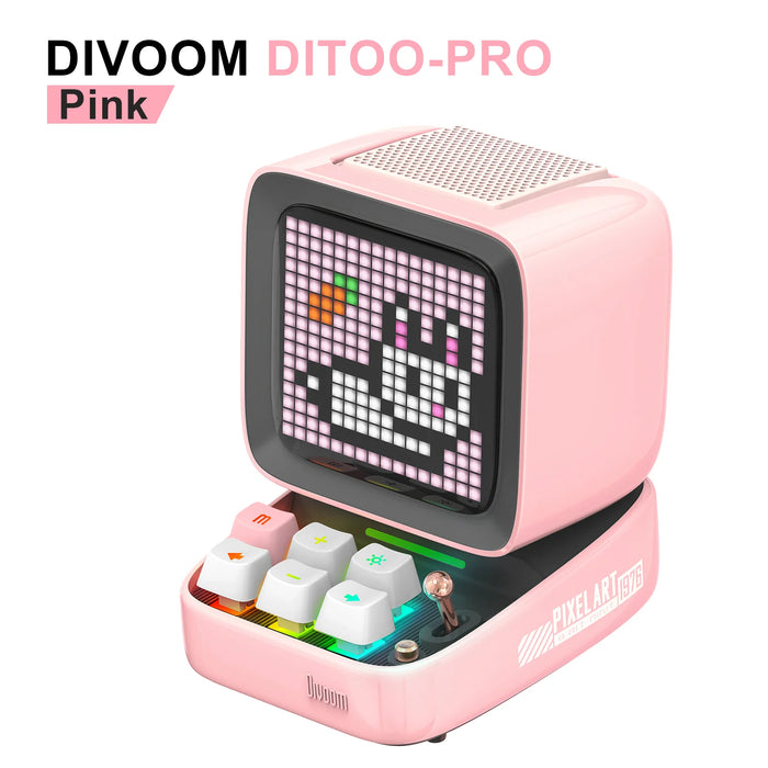 Bluetooth desktop speaker in pink with pixel art display and alarm clock