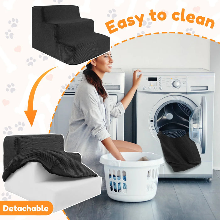 Non-Slip Base 3 Step Pet Stairs Soft Foam Non-Slip Washable Cover