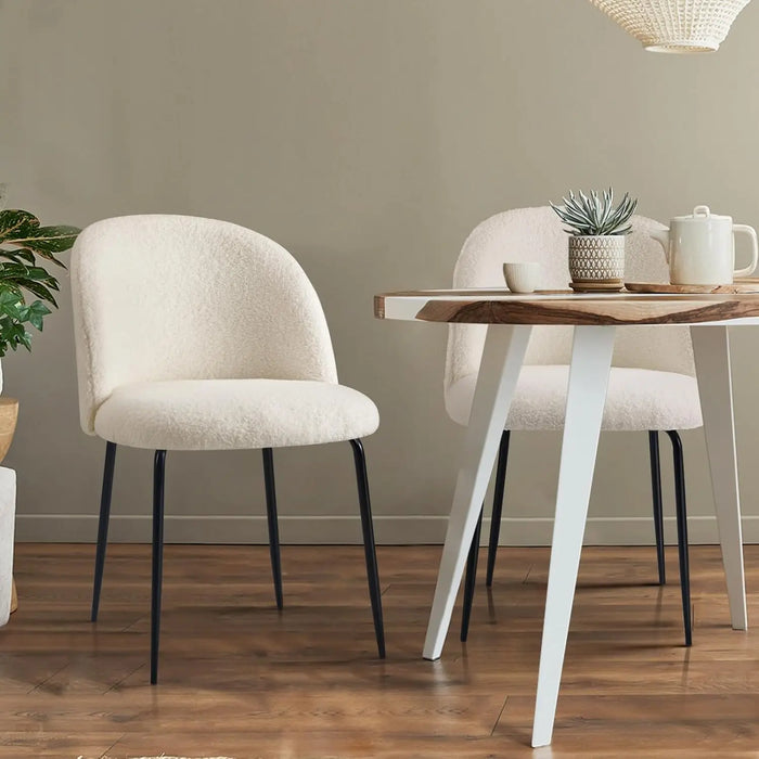 Set of 2 White Sherpa Dining Chairs with Cushioned Back and Metal Legs