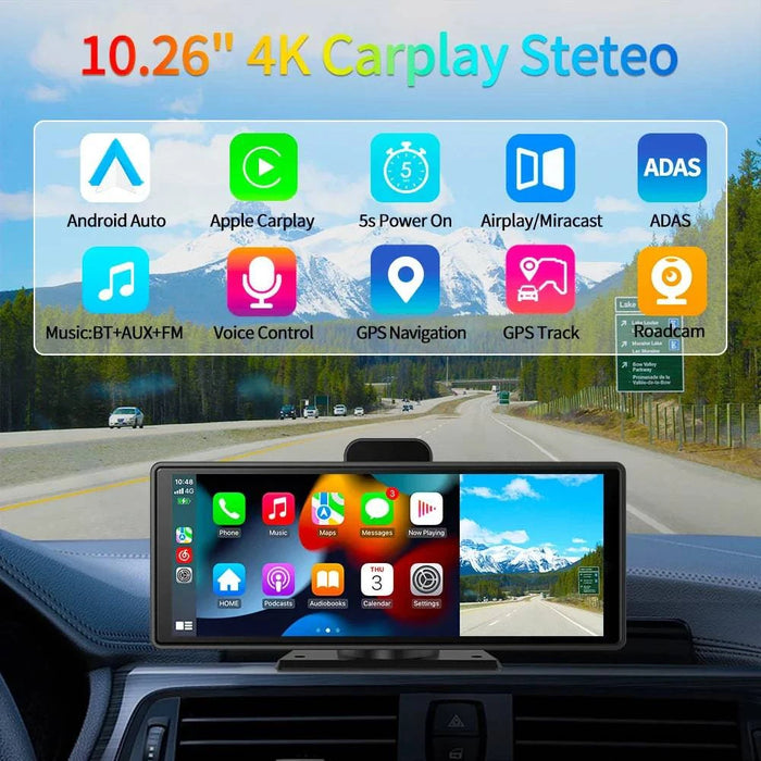 High-quality 26 cm 4K Dash Cam with ADAS, Wireless CarPlay, Android Auto, GPS, 5G WiFi (ADAS AUX 128gb)