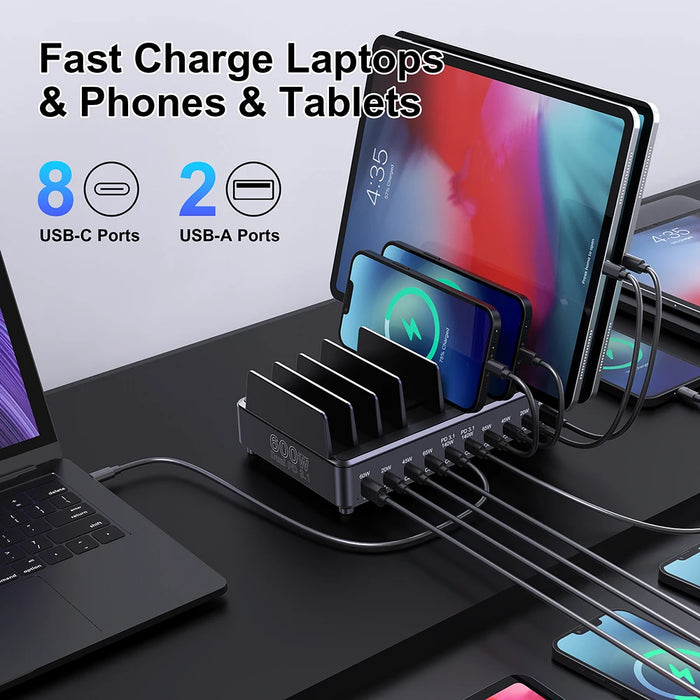 10-Port GaN USB Charger Stand for Laptop and Phone
