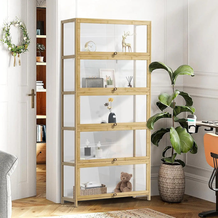 Bamboo Display Cabinet with Clear Door Panels 5 Shelves, Hallway & Living Room Storage