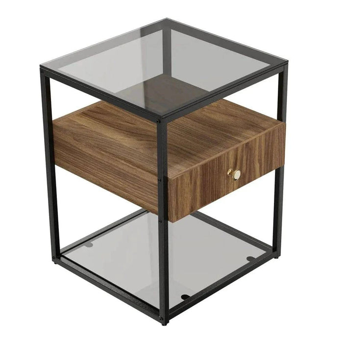 Tempered Glass Side Table with Drawer and Shelf - Modern Nightstand for Living Room and Bedroom, featuring a minimalist modern design, tempered glass top and bottom shelf, sturdy metal iron frame, and light brown MDF board