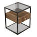 Tempered Glass Side Table with Drawer and Shelf - Modern Nightstand for Living Room and Bedroom, featuring a minimalist modern design, tempered glass top and bottom shelf, sturdy metal iron frame, and light brown MDF board