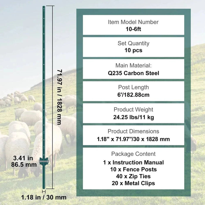 Set of 10 heavy duty metal fence posts for outdoor wire fencing in garden and yard