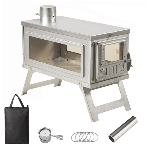 Camping tent stove with glass windows for portable outdoor heating