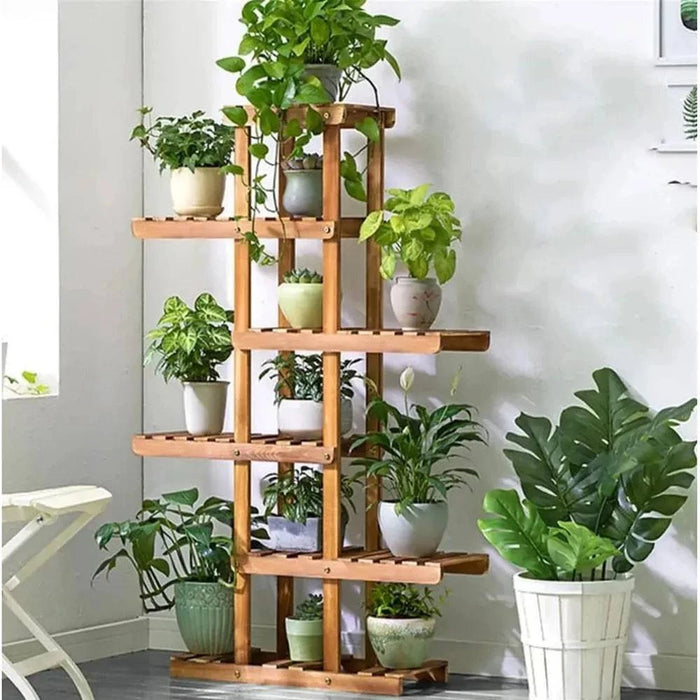 6-Tier Natural Pine Wood Plant Stand for Indoor and Outdoor Use