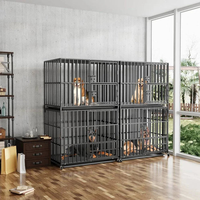 Spacious and secure metal dog crate with removable trays and reinforced bottom beams