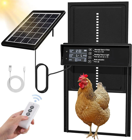  
Automatic solar-powered chicken coop door with 4 operation modes and light sensor