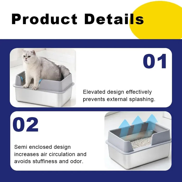 Stainless Steel Cat Litter Box, High-Sided, Odor-Free