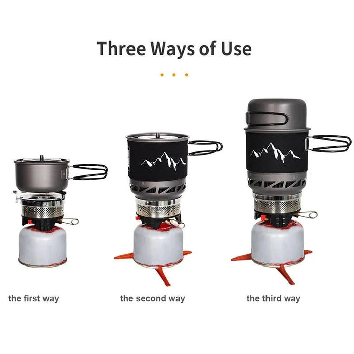 1L cooking system with integrated 025L bowl and 075L pot, gas burner, and piezoelectric igniter 
