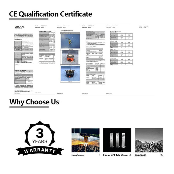 Specifications include material, dimensions, weight, and fuel type