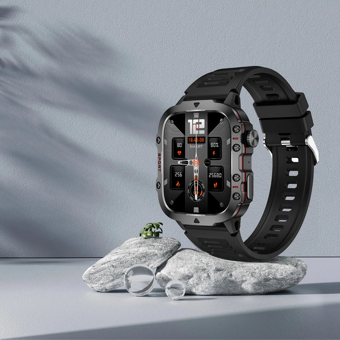 Military Smartwatch 1.96" Display 5ATM Waterproof Fitness Tracker - Black with Grey Leather
