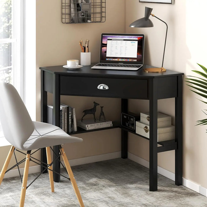 Space-Saving Corner Computer Desk Wood Workstation with Drawer & Shelves for Home or Study