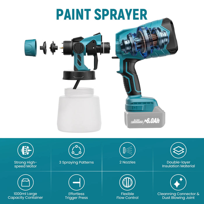Cordless paint sprayer being used on a furniture piece