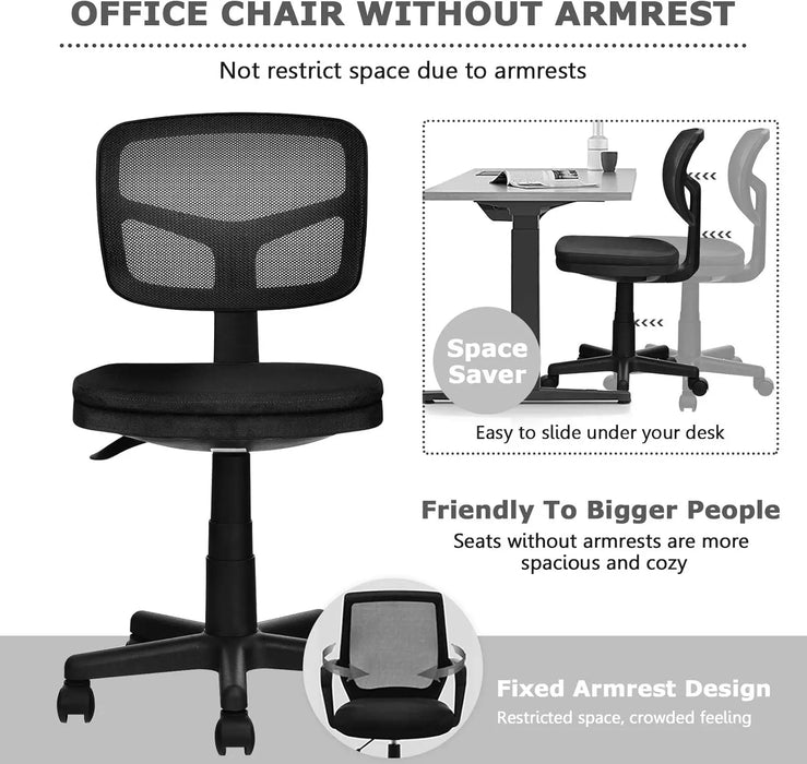 Compact Armless Desk Chair Height Adjustable, Breathable Mesh, Ergonomic Low Back Design