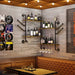Two-tiered wall-mounted shelving unit for storing liquor bottles and glassware