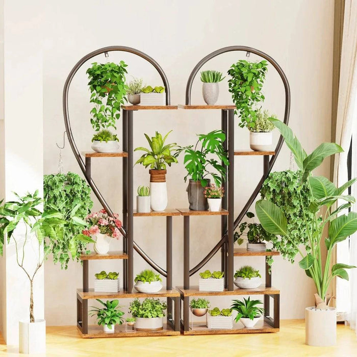 6 Tier Black Metal Plant Stand, Creative Half Heart Ladder Indoor Plant Shelf Rack - A stylish and functional black metal plant stand with 6 tiers