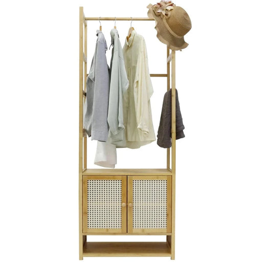 Free-standing bamboo clothes stand with cabinet and hanging rod