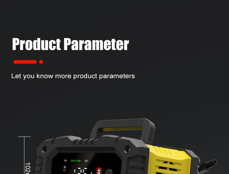 Yellow smart battery charger for car, motorcycle, and various battery types