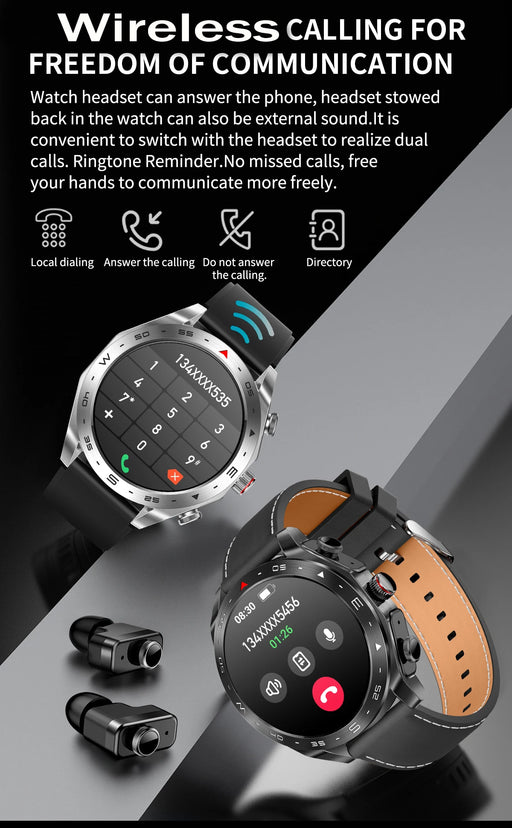 Leather Black Smart Watch with 2-in-1 TWS Bluetooth Earphones and HD Bluetooth Call with real-time heart rate, blood pressure, and sleep monitoring