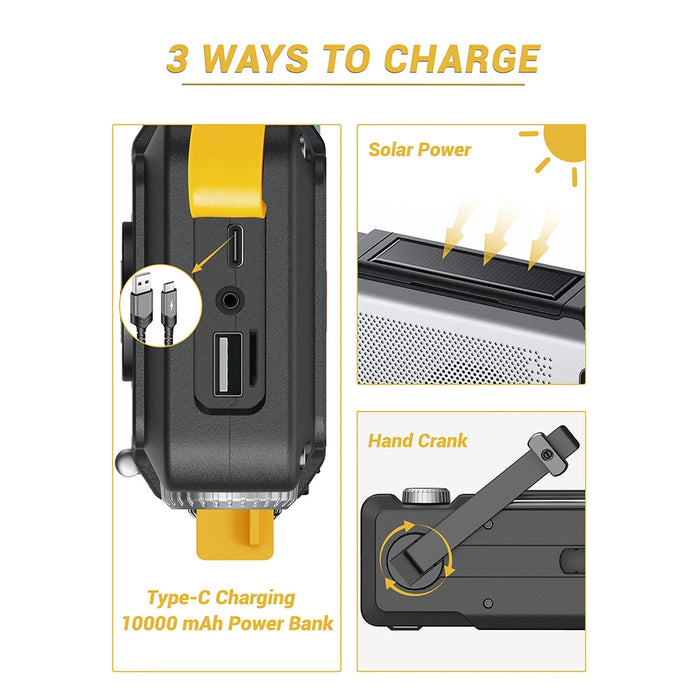 10000mAh Solar Hand Crank Emergency Radio with Flashlight & SOS