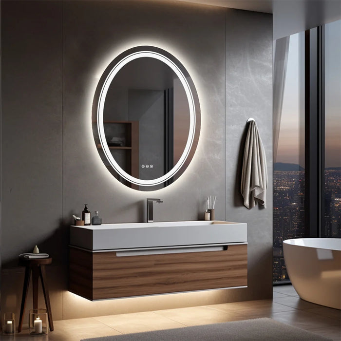 Oval frameless LED bathroom mirror with dimming and defog features