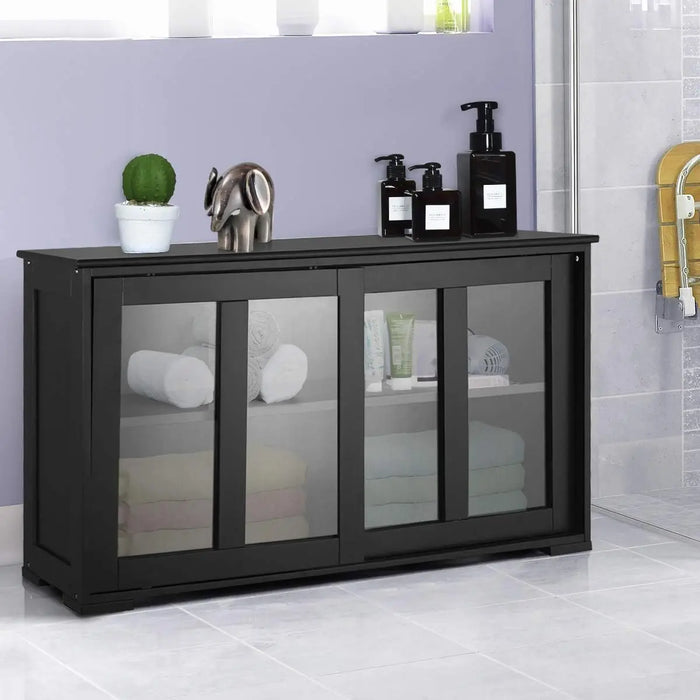 Modern Wood Sideboard with Sliding Glass Doors and Adjustable Shelves Black