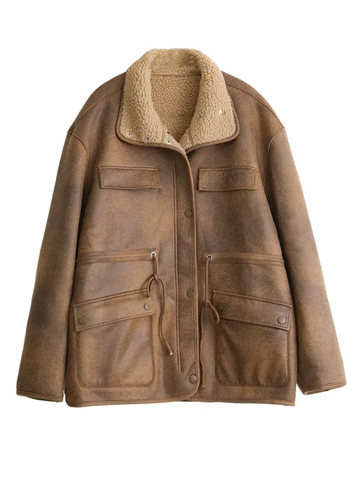 Thick warm coffee-colored suede reversible jacket for women in size large