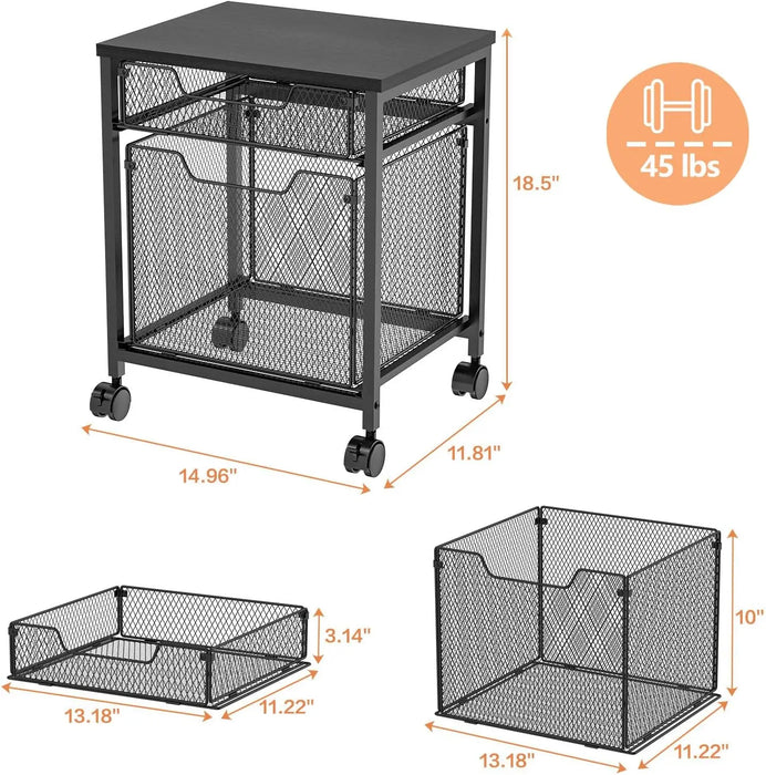 Mobile File Cabinet with 2 Drawers and Printer Stand Lockable Wheels & Hanging File Storage