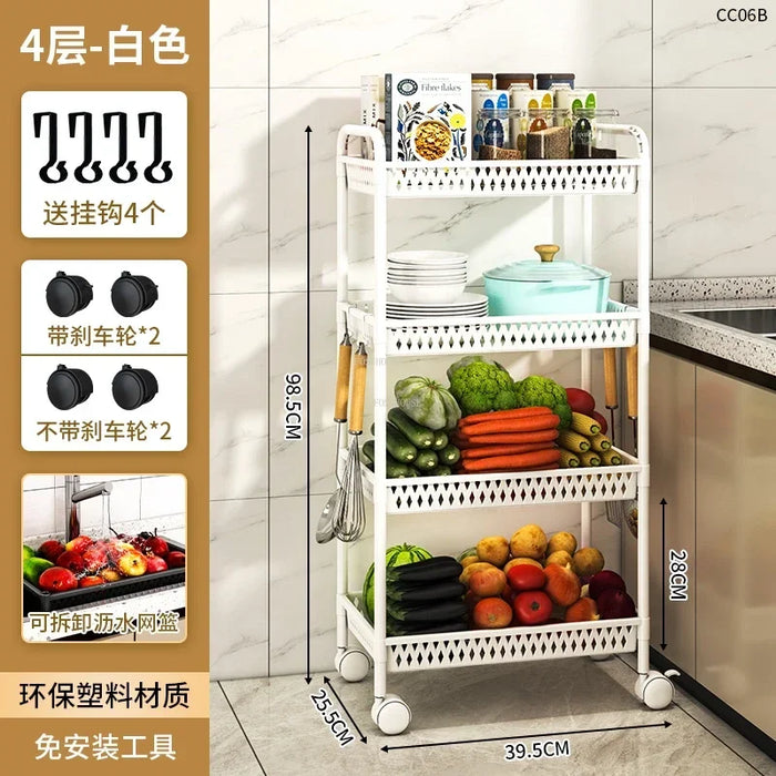Rolling 4-Tier Storage Organizer for Kitchen or Pantry  A White-4 layers
