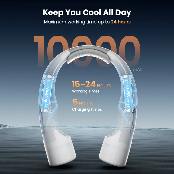 10000mAh Portable Neck Fan – 4-Speed Wearable Cooling Black