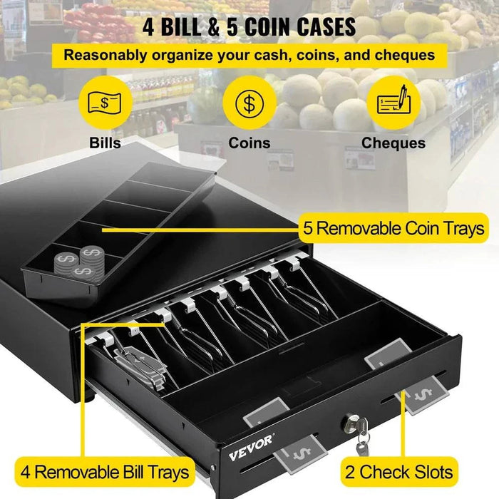 Black Key Lock Cash Register Drawer with 4 Bill Trays, 5 Coin Trays, 2 Cheque Slots, and Eco-Friendly Plastic Material