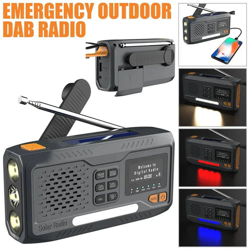 Portable Solar Powered DAB/FM Radio with Hand Crank, USB Charging, Bluetooth Speaker, LED Flashlight, SOS, and Power Bank - FLUXA
