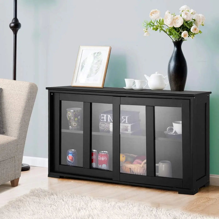Modern Wood Sideboard with Sliding Glass Doors and Adjustable Shelves Black