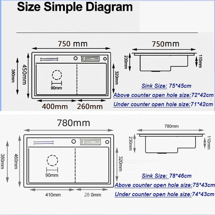 Multifunctional Stainless Steel Kitchen Sink with Faucet & Rack silver 75x45cm C